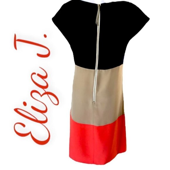 Eliza J 100% Silk Royal Collection Color Blocked Shift Dress in Navy, Tan, 8 - Picture 4 of 9